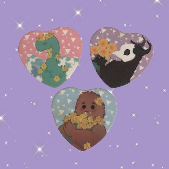 Kawaii Pastel Cryptid Heart Shaped Badges/Pins/Buttons - Picture 1 of 5
